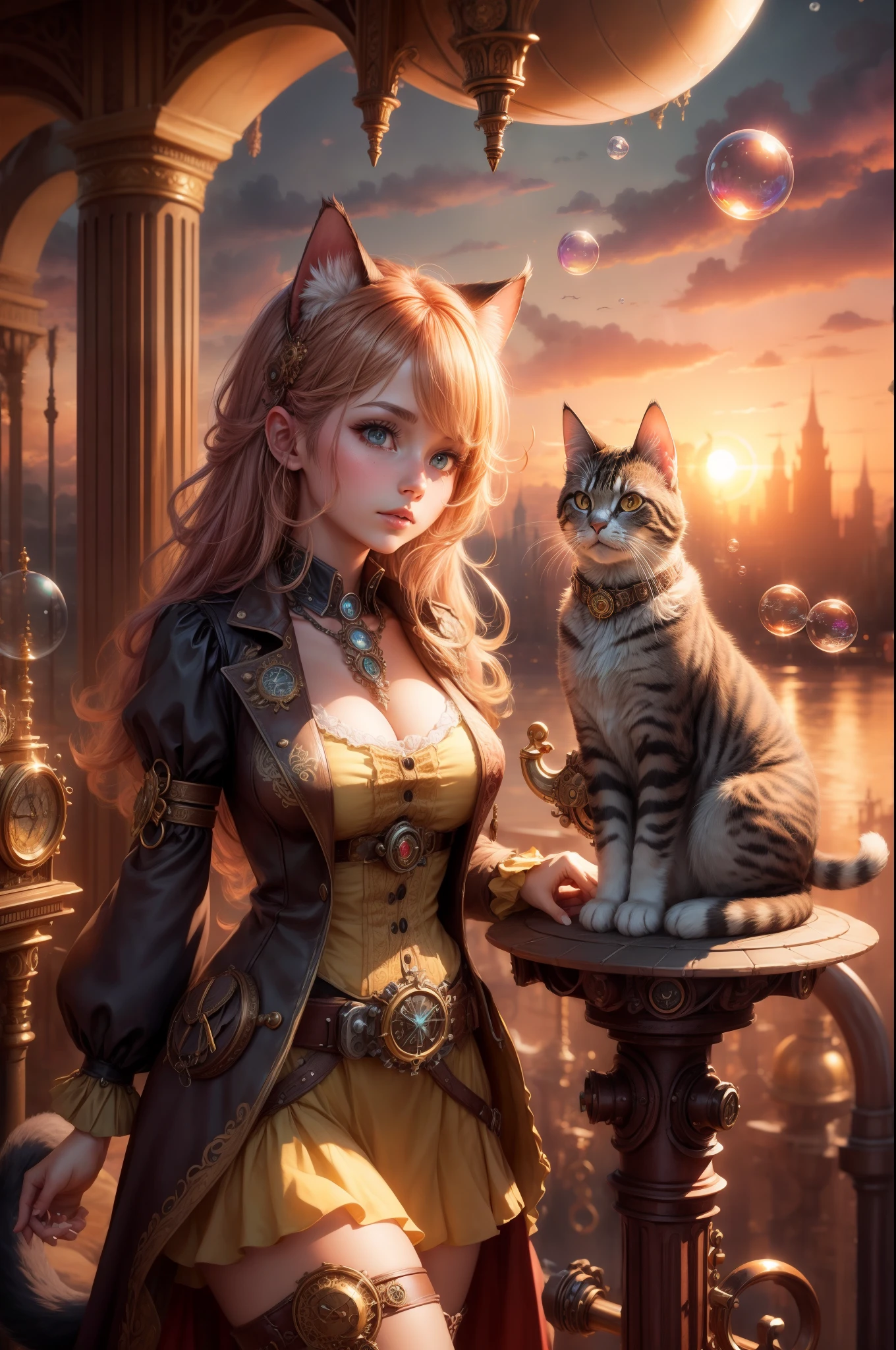 "((Steampunk fantasy)), (grand pipe organ), ((sunset-kissed clouds)), ((innocent girl)), ((floating bubbles)), ((mystical cat)), ((ornate pipes)), ((dreamlike atmosphere)), ((imaginative scene)), ((meticulously detailed))"