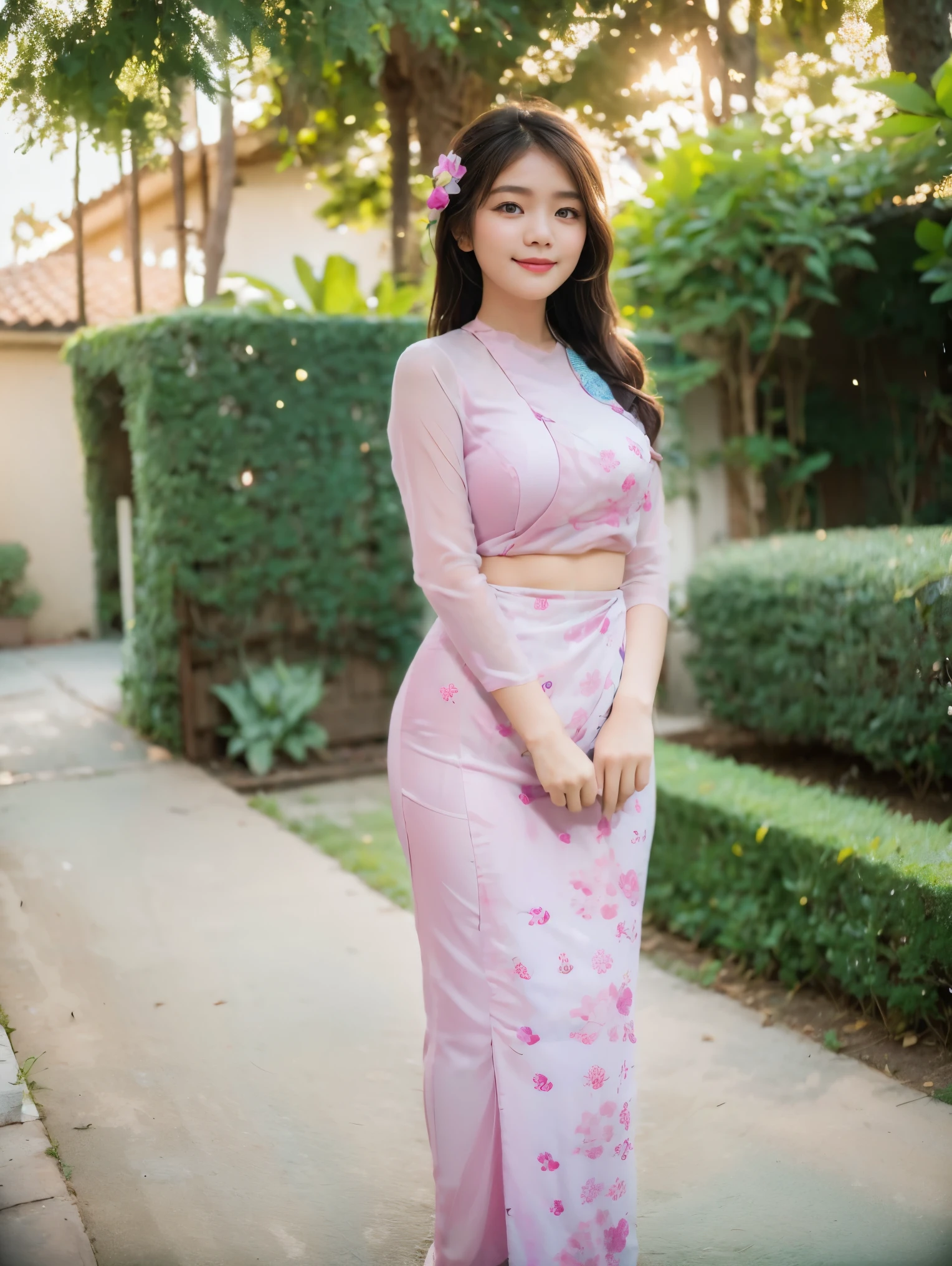 1 girl, burmese girl, standing on in front of the house, 64k, FHD, natural light, Raw, Natural skin, lite smile, fullbody view, portrait pose, perfect body and berasts, flowers background, masterpeace, realistic, detailed, portrait photography, long black hair