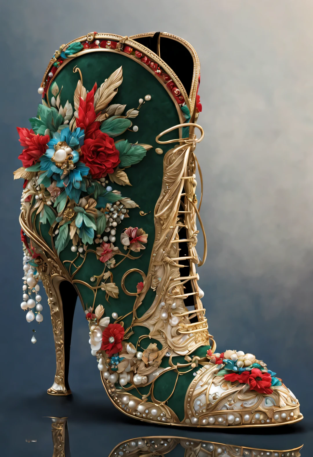 ultra high definition, masterpiece, Accurate, Super details, high detail, high quality, Award-winning, best quality, Level, 16k, background: simple gold,
(an art deco), Aztec empire style, (Close-up of suede high heel boots), white, Red, Dark Green, emerald blue,
Inlaid with lots of pearls, gem, complex diamond, Flower and bird pattern, Geometry, Rococo, luxury, Astonishing,