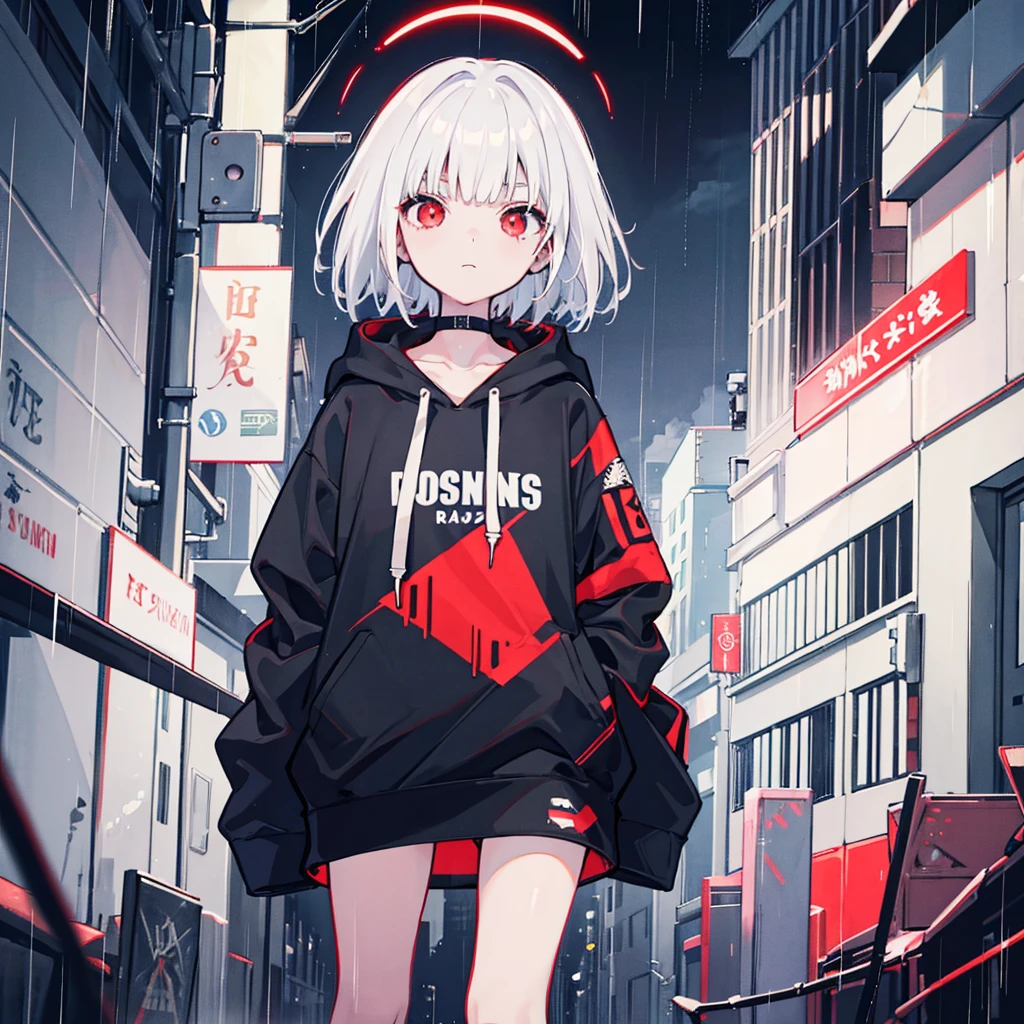 one girl, standing, black hoodie, short hair white hair, flat bangs, red eyes, on a darkside town, crows fly, rainy town
