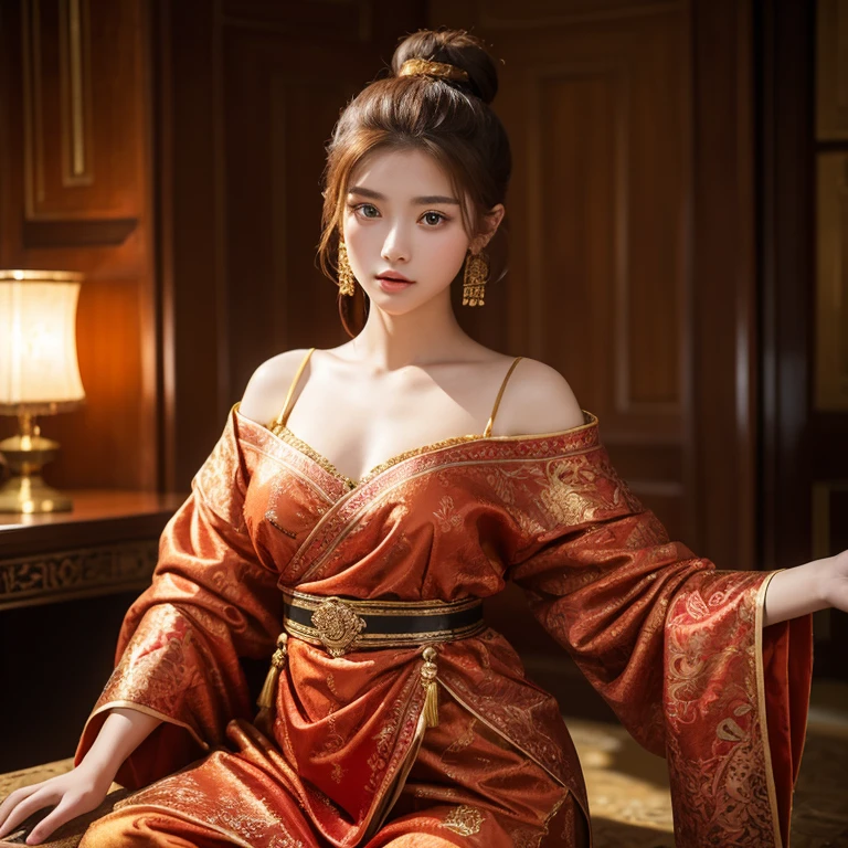 An beautiful young woman at ye , brunette, hair bun, golden fiery red imperial clothing, slightly matured figure.