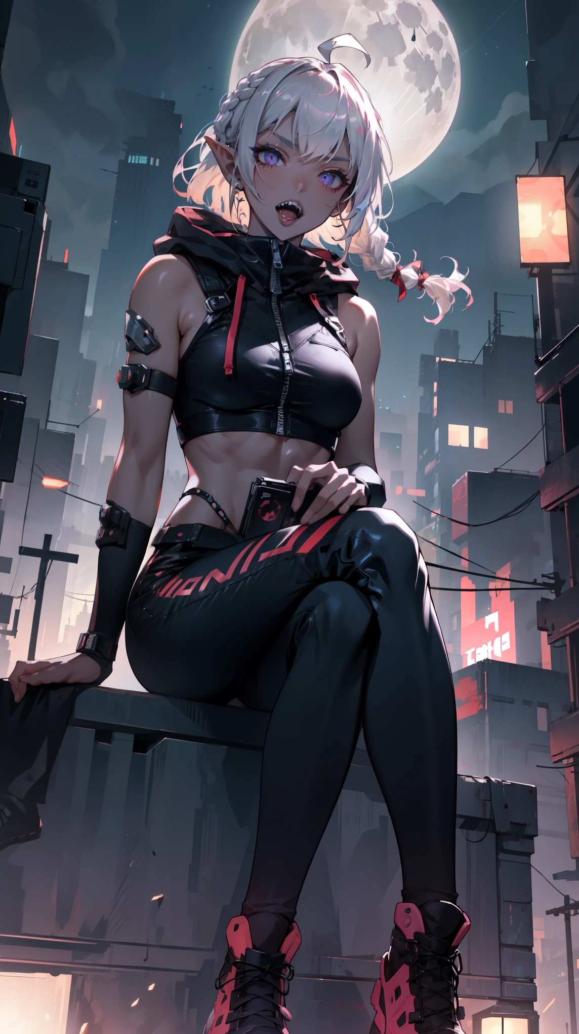 ((masterpiece)), (top quality), (best quality), ((ultra-detailed, 8k quality)), Aesthetics, Cinematic lighting, soft semi-backlit light, (detailed line art), absurdres, (best composition), (high-resolution),
BREAK,
A Rebellious Cyberpunk dark elf Female Image, wearing cyberpunk shirt with a armbands, cyberpunk techwear women, techwear occultist, stylish and edgy outfit, black pants, sleeveless hoodie, black tigh-high boots, zipper, (sitting, cross-legged), (atmospheric perspective), (top of building), (cyberpunk cityscape background, full moon sky, simple dark night background), cinematic dramatic dark atmosphere,
BREAK,
highly detailed of (dark elf), (1girl), solo, perfect face, details eye, ahoge, (hair loop:1.2), blonde white shining hair, (braided bangs:1.1),  violet eyes, shining eyes, (beautiful detailed eyelashes, eyeshadow, pink eyeshadow), smile, open mouth, tongue, teeth, ((sharp teeth)), design art by Mikimoto Haruhiko, by Kawacy, By Yoshitaka Amano,
BREAK, 
((perfect anatomy)), perfect body, Abs, medium breast, perfect hands, perfect face, beautiful face, beautiful eyes, perfect eyes, (perfect fingers, deatailed fingers), correct anatomy, perfect legs, (dark skin:1.2)