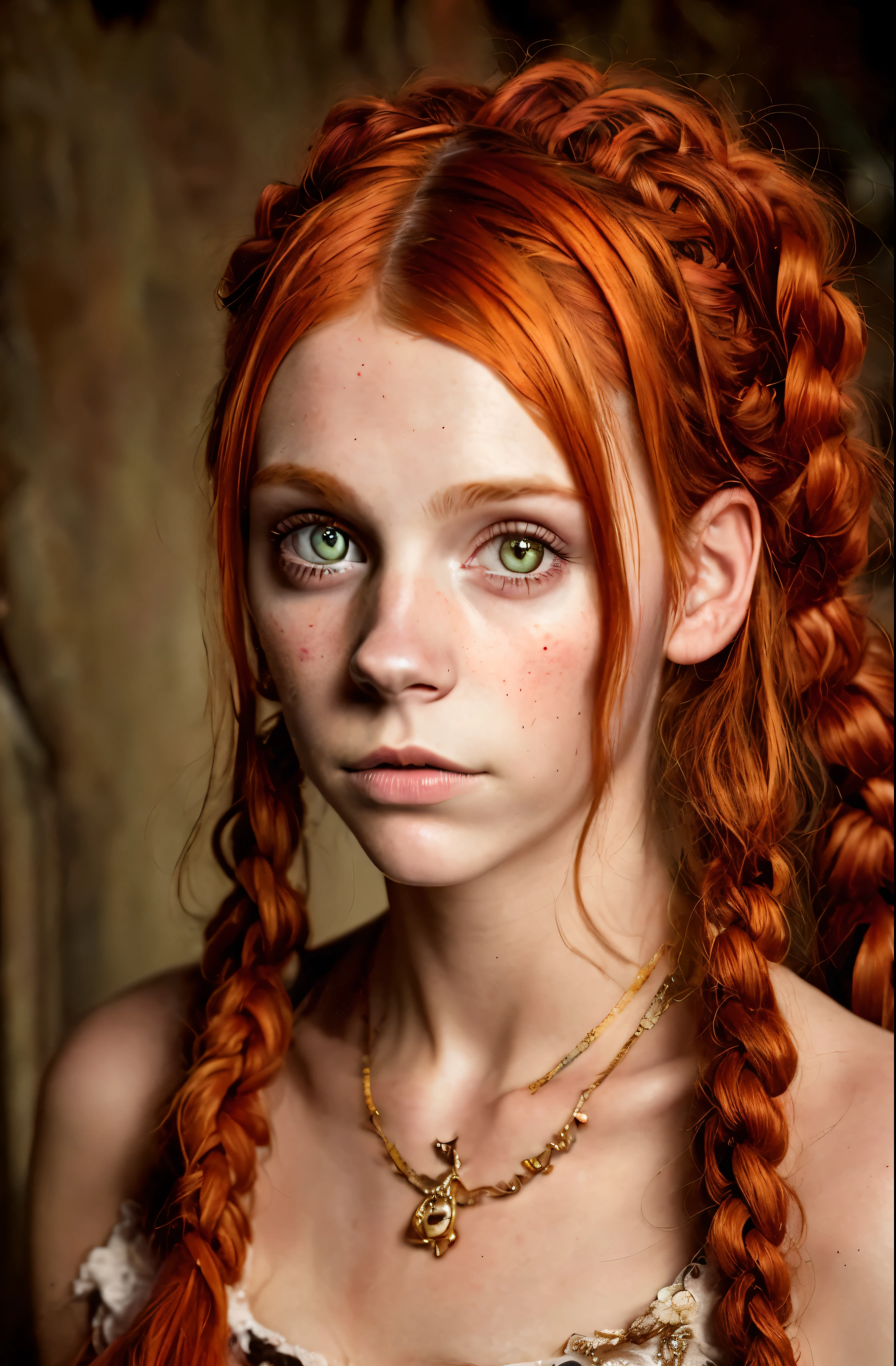 Ultra-real photo of 18-year-old Pippi Longstocking, mischievous eyes, long red tousled and braided hair, sexual, Sloppy look, medium shot, In Dynamic, bright colors, Intricate details of her beautiful eyes and perfect face.