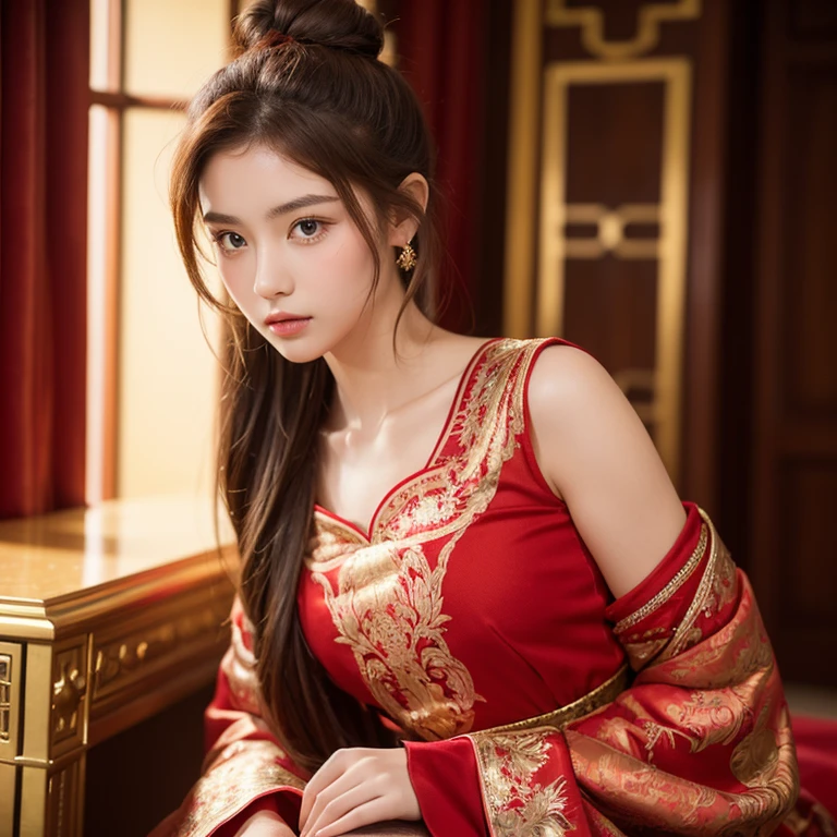 An beautiful young woman at ye age of 15, brunette, hair bun, golden fiery red imperial clothing, slightly pre-matured figure.