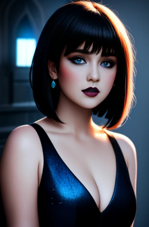 (best quality, 12k resolution, ultra-detailed), portraits, beautiful face, beautiful blue eyes, short hair with bangs, gothic makeup, provocative pose, curvy figure, porcelain skin, elegant background, dramatic lighting, vibrant colors.