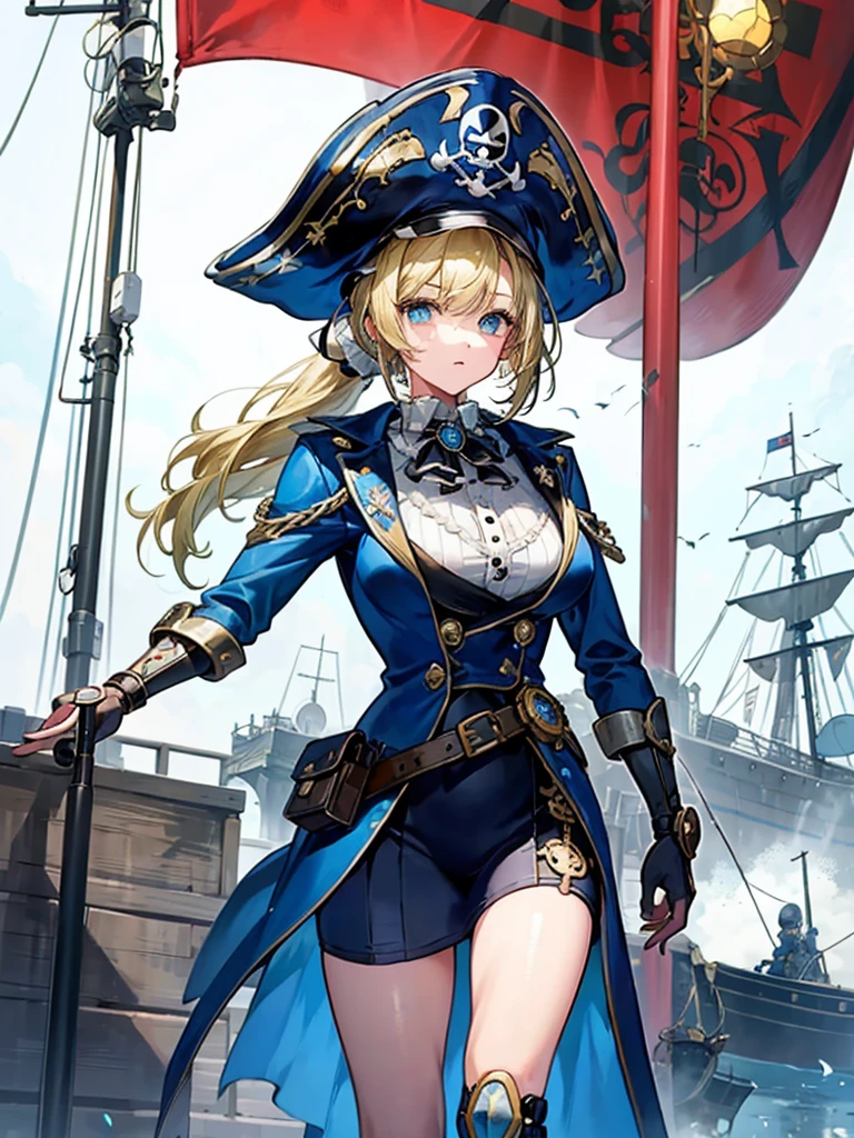 （（（masterpiece、Highest image quality、highest quality、highly detailed unity 8ｋwallpaper）））、（（Illustration of one girl、upper body））、（（（beautiful girl）））、（fantasy、female pirate）、（blonde、short ponytail：1.2、light blue eyes）、（（（Right hand is a prosthetic hand、steampunk prosthetic arm）））、（（tall））、bulky figure, massive frame, thick neck, sturdy arms, powerful legs、（captain&#39;s suit、Pirate hat、Blue coat）、standing on the pier、pirate ship、Wooden sailing ship