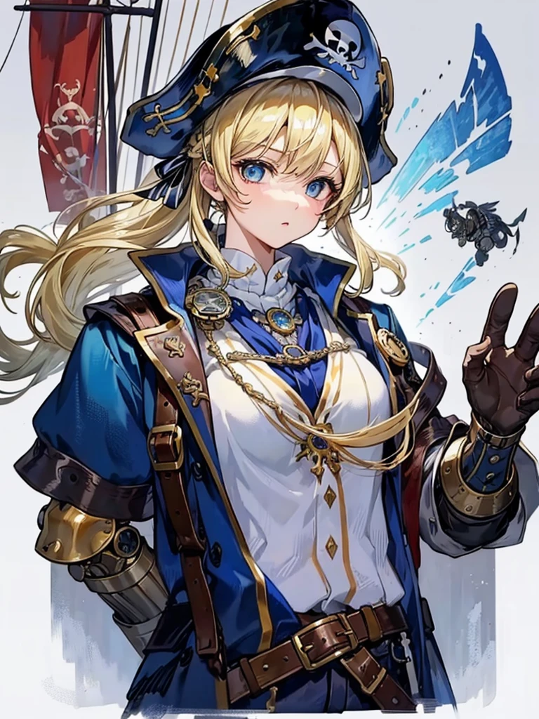 （（（masterpiece、Highest image quality、highest quality、highly detailed unity 8ｋwallpaper）））、（（Illustration of one girl、upper body））、（（（beautiful girl）））、（fantasy、female pirate）、（blonde、short ponytail：1.2、light blue eyes）、（（（Right hand is a prosthetic hand、steampunk prosthetic arm）））、（（tall））、bulky figure, massive frame, thick neck, sturdy arms, powerful legs、（captain&#39;s suit、Pirate hat、Blue coat）、standing on the pier、pirate ship、Wooden sailing ship