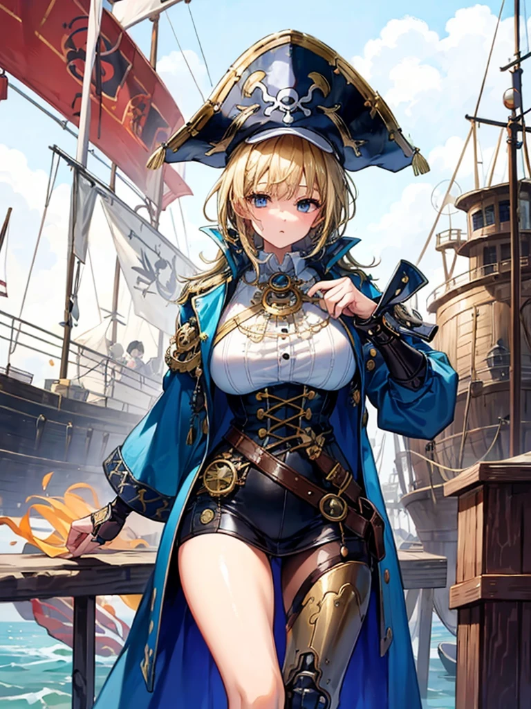 (((masterpiece、Highest image quality、highest quality、highly detailed unity 8kwallpaper)))、((Illustration of one girl、upper body))、(((beautiful girl)))、(fantasy、female pirate)、(blonde、short ponytail:1.2、light blue eyes)、(((Right hand is a prosthetic hand、steampunk prosthetic arm)))、((tall))、bulky figure, massive frame, thick neck, sturdy arms, powerful legs、(captain's suit、Pirate hat、Blue coat)、standing on the pier、pirate ship、Wooden sailing ship