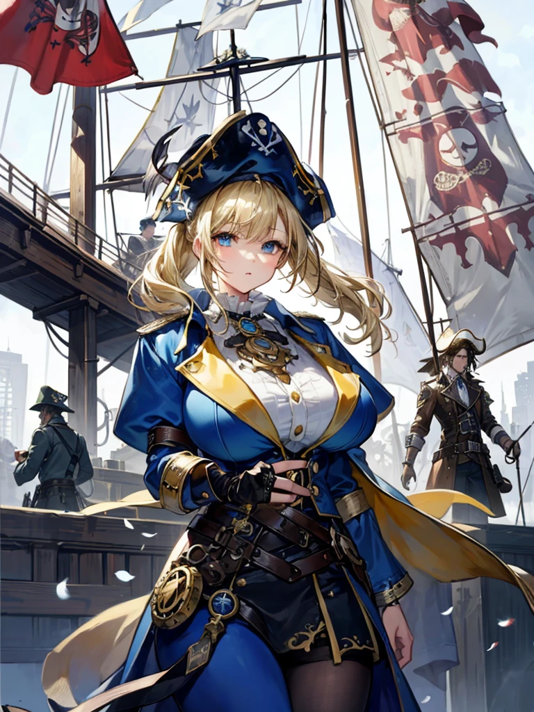 （（（masterpiece、Highest image quality、highest quality、highly detailed unity 8ｋwallpaper）））、（（Illustration of one girl、upper body））、（（（beautiful girl）））、（fantasy、female pirate）、（blonde、short ponytail：1.2、light blue eyes）、（（（Right hand is a prosthetic hand、steampunk prosthetic arm）））、（（tall））、bulky figure, massive frame, thick neck, sturdy arms, powerful legs、（captain&#39;s suit、Pirate hat、Blue coat）、standing on the pier、pirate ship、Wooden sailing ship