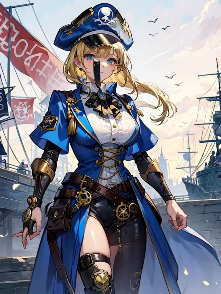 （（（masterpiece、Highest image quality、highest quality、highly detailed unity 8ｋwallpaper）））、（（Illustration of one girl、upper body））、（（（beautiful girl）））、（fantasy、female pirate）、（blonde、short ponytail：1.2、light blue eyes）、（（（Right hand is a prosthetic hand、steampunk prosthetic arm）））、（（tall））、bulky figure, massive frame, thick neck, sturdy arms, powerful legs、（captain&#39;s suit、Pirate hat、Blue coat）、standing on the pier、pirate ship、Wooden sailing ship