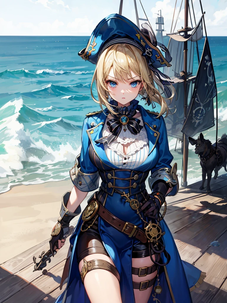 (((masterpiece、Highest image quality、highest quality、highly detailed unity 8kwallpaper)))、((Illustration of one girl、upper body))、(((beautiful girl)))、(fantasy、female pirate)、(blonde、short ponytail:1.2、light blue eyes)、(((Right hand is a prosthetic hand、steampunk prosthetic arm)))、((tall))、bulky figure, massive frame, thick neck, sturdy arms, powerful legs、(captain's suit、Pirate hat、Blue coat)、standing on the pier、pirate ship、Wooden sailing ship