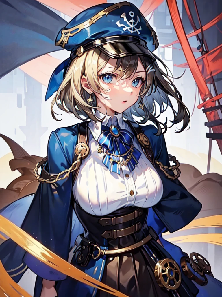 （（（masterpiece、Highest image quality、highest quality、highly detailed unity 8ｋwallpaper）））、（（Illustration of one girl、upper body））、（（（beautiful girl）））、（fantasy、female pirate）、（blonde、short ponytail：1.2、light blue eyes）、（（（Right hand is a prosthetic hand、steampunk prosthetic arm）））、（（tall））、bulky figure, massive frame, thick neck, sturdy arms, powerful legs、（captain&#39;s suit、Pirate hat、Blue coat）、standing on the pier、pirate ship、Wooden sailing ship