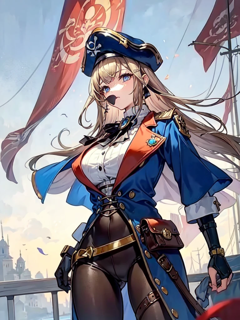 (((masterpiece、Highest image quality、highest quality、highly detailed unity 8kwallpaper)))、((Illustration of one girl、upper body))、(((beautiful girl)))、(fantasy、female pirate)、(blonde、short ponytail:1.2、light blue eyes)、(((Right hand is a prosthetic hand、steampunk prosthetic arm)))、((tall))、bulky figure, massive frame, thick neck, sturdy arms, powerful legs、(captain's suit、Pirate hat、Blue coat)、standing on the pier、pirate ship、Wooden sailing ship