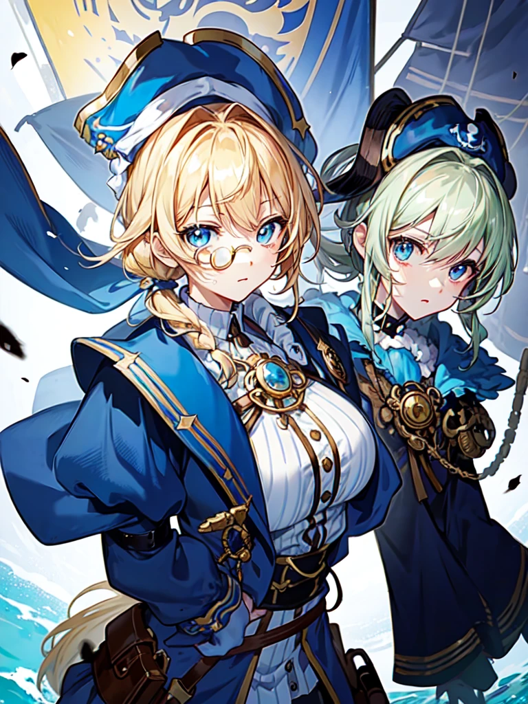 (((masterpiece、Highest image quality、highest quality、highly detailed unity 8kwallpaper)))、((Illustration of one girl、upper body))、(((beautiful girl)))、(fantasy、female pirate)、(blonde、short ponytail:1.2、light blue eyes)、(((Right hand is a prosthetic hand、steampunk prosthetic arm)))、((tall))、bulky figure, massive frame, thick neck, sturdy arms, powerful legs、(captain's suit、Pirate hat、Blue coat)、standing on the pier、pirate ship、Wooden sailing ship