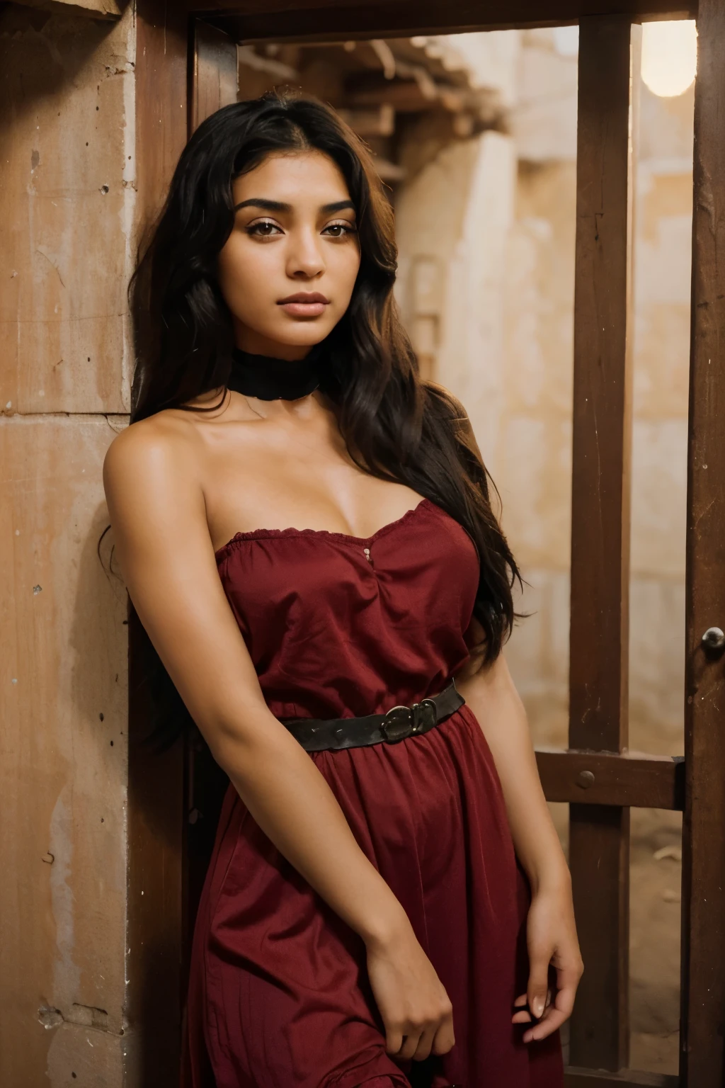 A beautiful girl with Arab features and black gypsy hair. Her features are beautiful and extremely feminine. She has a light skin, She is a rebellious fighter. She has anger inside her, but inside she is tenderness. A fearful  on the inside, brave, trying to protect herself from the outside, wearing a cheery red dress, light soft skin