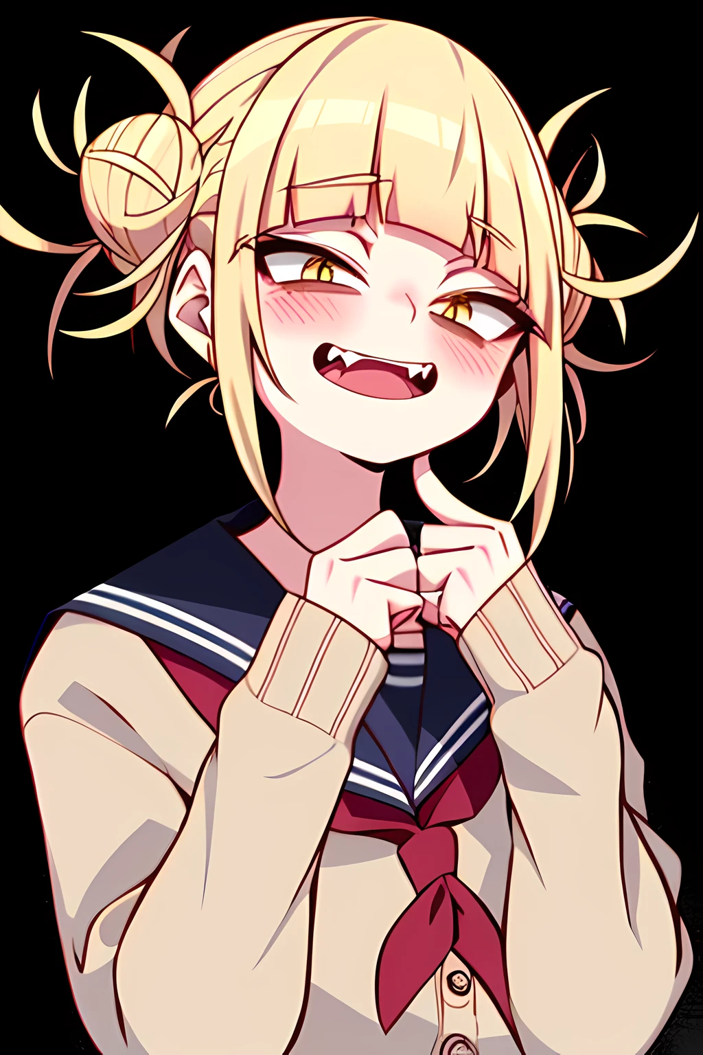 horikoshi kouhei, Toga himiko, boku no hero academia, 1 chica, bolsas debajo de los ojos, golpes, pelo rubio, blue cuello marinero, blunt golpes, rubor, cardigan, Doble bien, topknot, Mano arriba, feliz, long sleeenes, looking at the eniewer, pelo despeinado, escote, red escote, cuello marinero, sanpaku, , serafuku, cabello corto, Cerraduras, Pupilas cortadas, triste, dientes afilados, suelo, parte superior del cuerpo, en, cardigan amarillo, ojos amarillos, ((obra maestra))