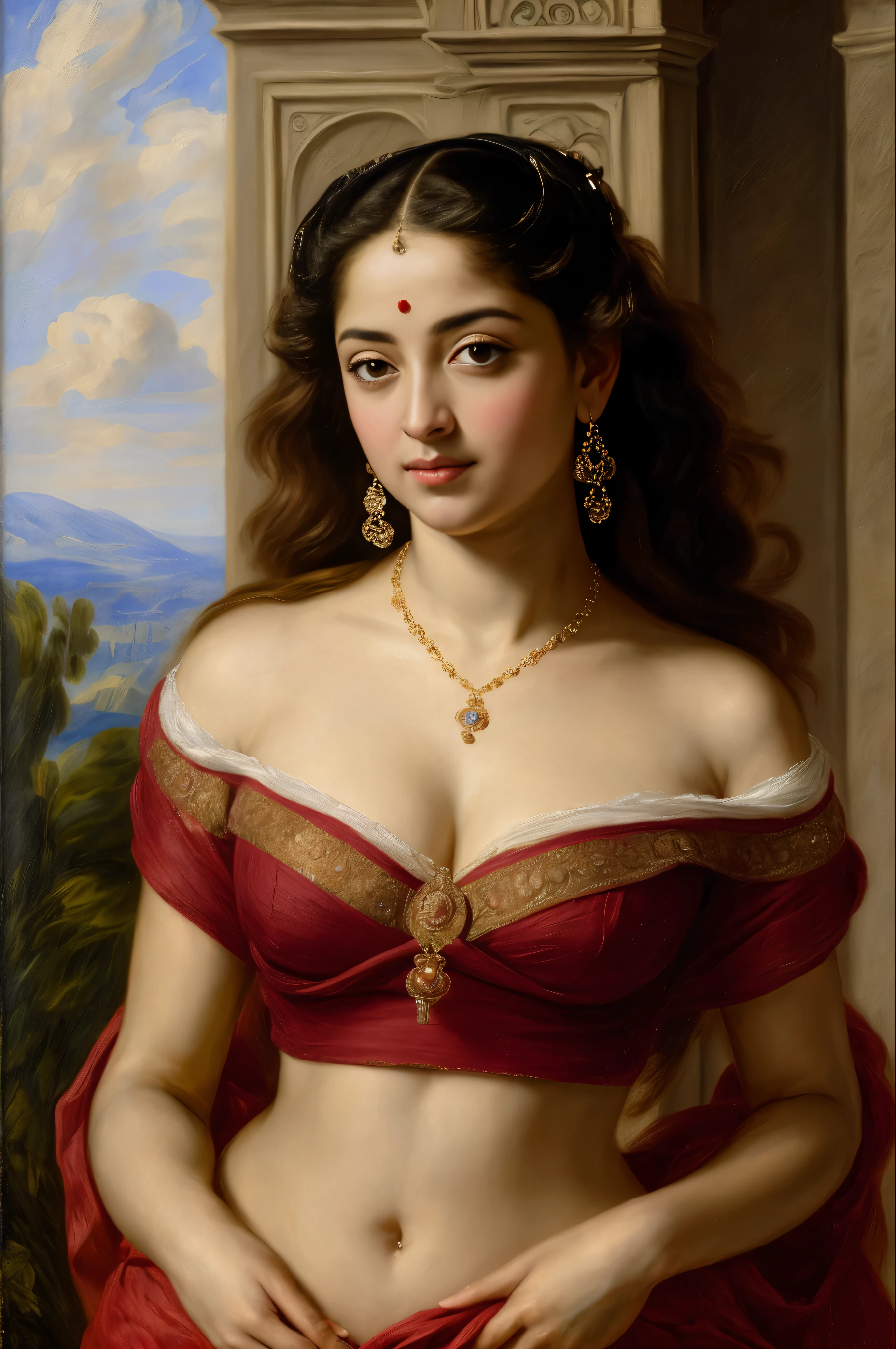Best quality, highly detailed, masterpiece, Indian princess, Rajkanya, royal clothes, Masterpiece, extremely gorgeous woman, matchless Beauty, portrait, Peter Paul Rubens style, looks like Anushka Shetty, Woman, off shoulder bandeau crop blouse, middle ages, classicism, andrey atroshenko style, painting, long hair, styled hair, traditional media, realistic, figurative, fine art, detailed Art, oil on canvas, HDR, 8K, original character, high resolution, high detail, focus on the face, intricate, flawless, fluffy hair, Peter Paul Rubens style, By Peter Paul Rubens, sharp picture, avoid crown or mukut in picture,