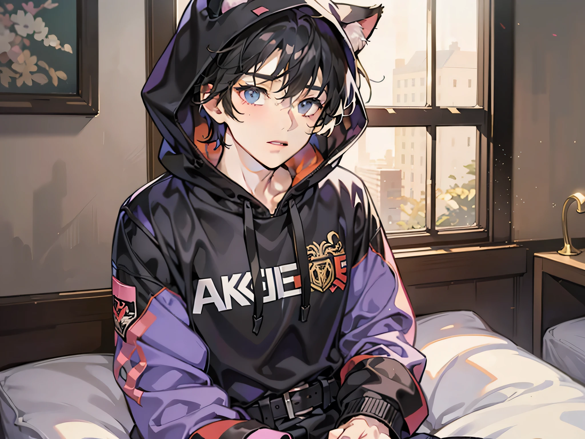 (男性)),male focus,((((man))),25 age,solo,black hair 1.5,cat ear hoodie,hoodie,Sitting on the edge of the bed in the room with an bashful(Indo blackened 1.5),red cheek(The background is in the hotel room:1.5),Anime style 4K,Anime rendering,style of anime,8K fineness,(Upper body display:1.5)(Cinematic lighting:1.5)