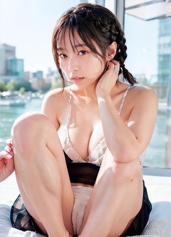((Completely naked body))、(Looks like a whole body)、(Seen from the front)(peek from below)、profile、masterpiece, highest quality, Raw photo, Photoreal, face, beautiful girl, cute, short hair, floating hair、((braided hair))、 {{{{big breasts!!}}}}、Depth of bounds written, High resolution, super detailed, finely, extremely detailed, とても細かい目とface, sharp pupils, sharp focus, cinematic lighting