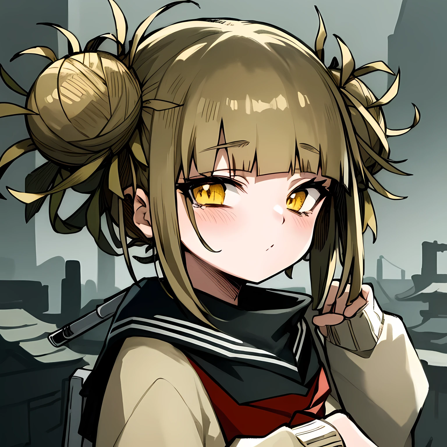 masterpiece、de primera calidad、Soy、Una cara detallada、Himiko Toga、ojos amarillos、alto detalle、Entorno aleatorio、poses aleatorias、triste, estilo animado