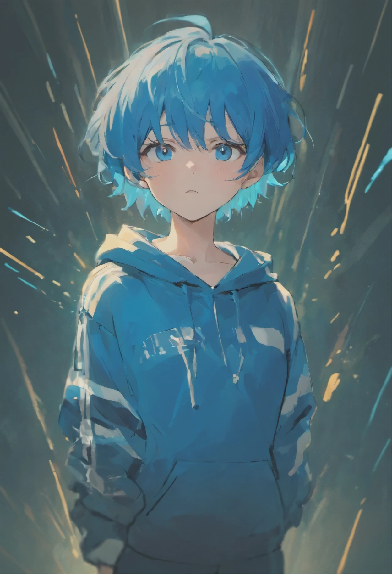 Only shoot the upper body, blue short hair,blue eyes focused on his face. He wears a white sweatshirt with blue stripes, Black cap, gray shorts,The look of the sun
