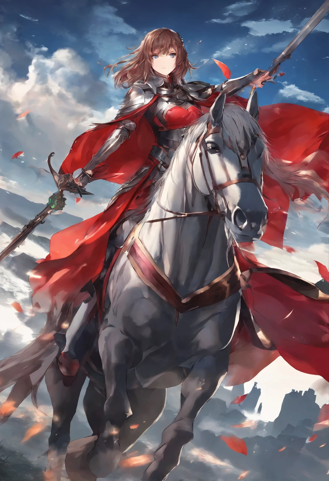 (best quality,4k,8k,highres,masterpiece:1.2), ultra-detailed, realistic:1.37, nobility female cavalry, dark red medium length hair, blue sharp eyes, aims with a carbine, rides on a horse, illustration, Japanese anime, vibrant colors, dynamic action, detailed armor, flowing cape, epic landscape, intense battlefield, medieval castle, dramatic lighting