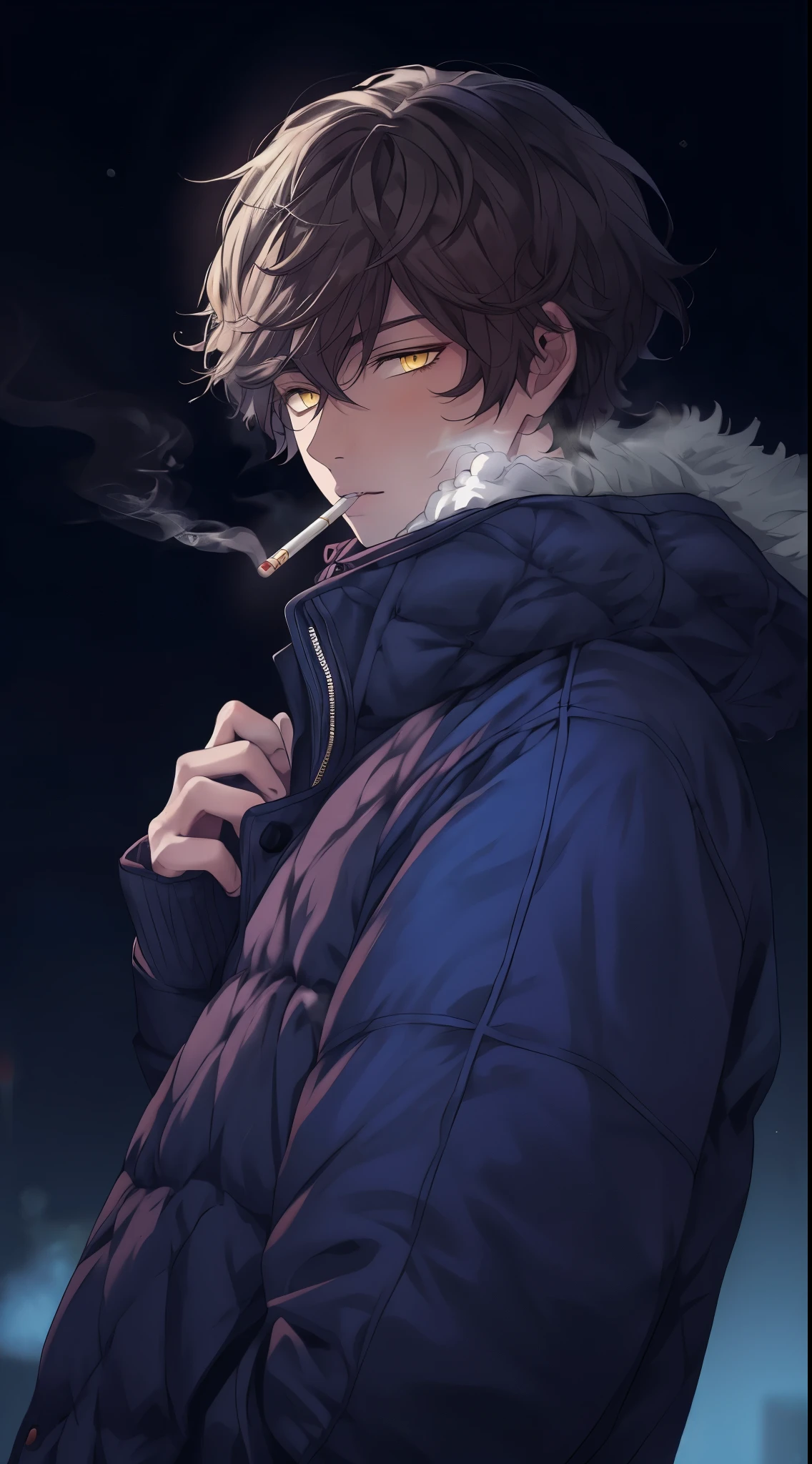 Beautiful young man, brown hair, short hair, yellow eyes, blue quilted coat, smokes, night, smoke,high quality, amount of drawing, pixiv illustration