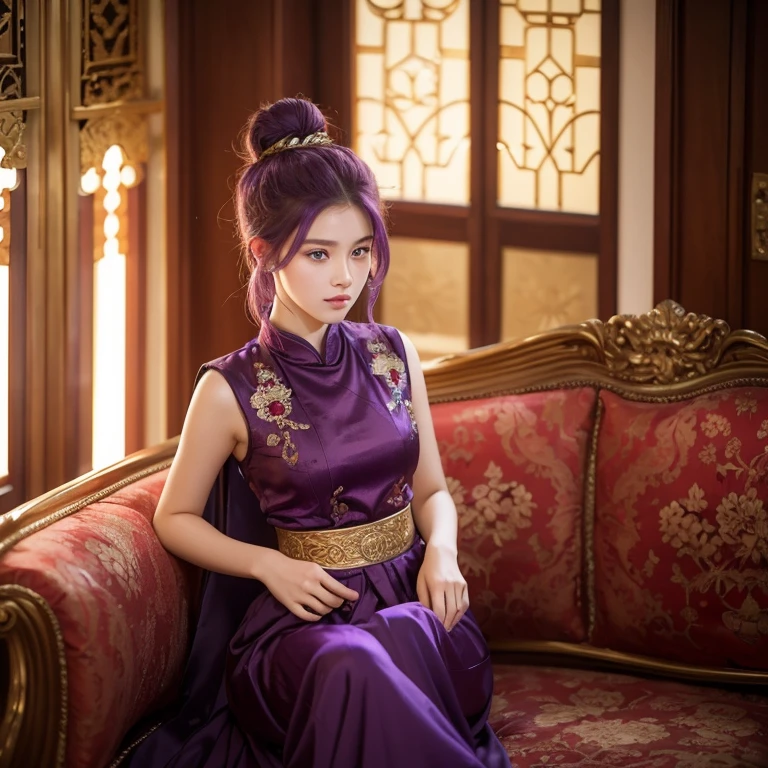 An beautiful young woman at ye age of 15, purple hair, hair bun, golden fiery red imperial clothing, slightly pre-matured figure.