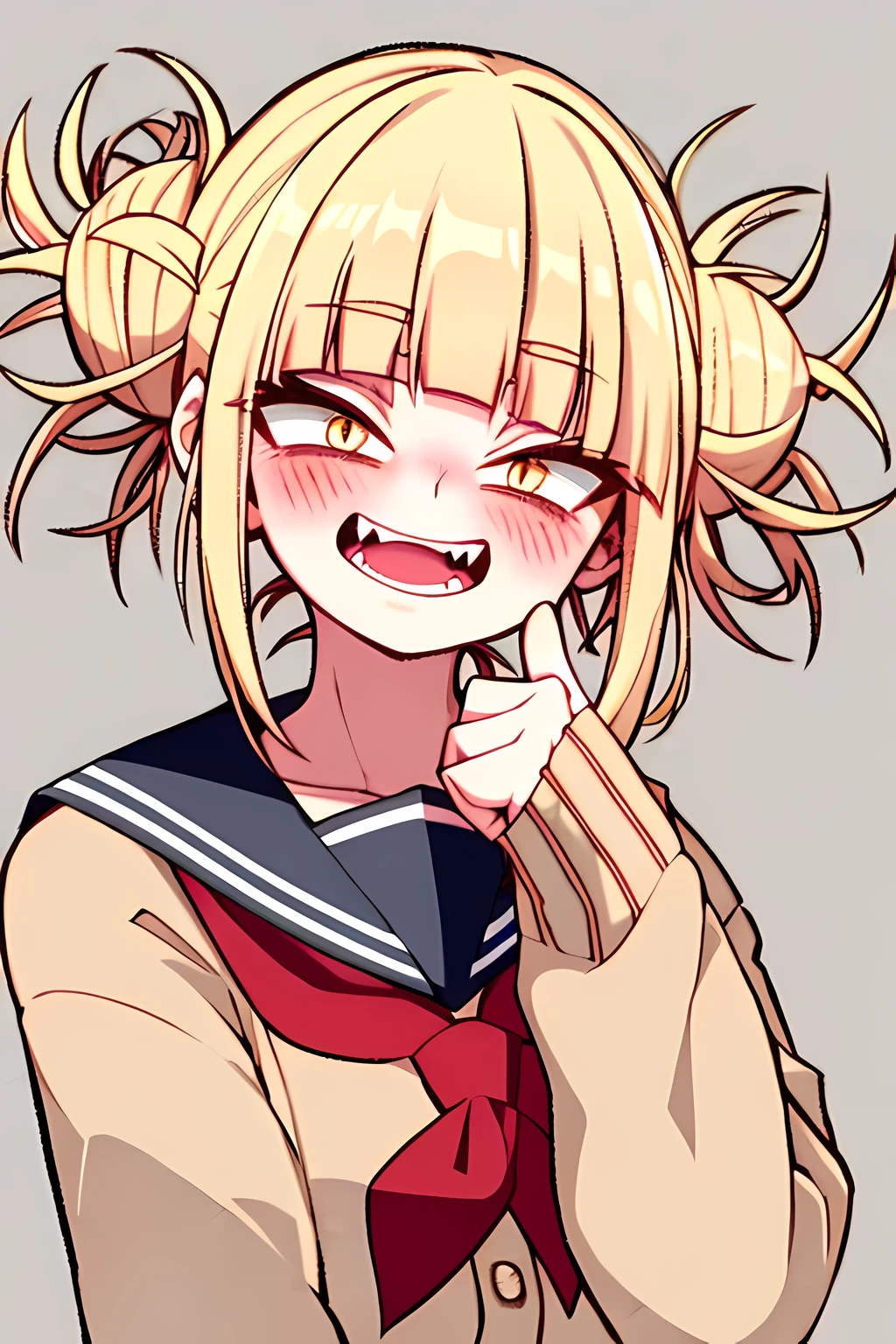 horikoshi kouhei, Toga himiko, boku no hero academia, 1 chica, bolsas debajo de los ojos, golpes, pelo rubio, blue cuello marinero, blunt golpes, rubor, cardigan, Doble bien, topknot, Mano arriba, feliz, long sleeenes, looking at the eniewer, pelo despeinado, escote, red escote, cuello marinero, sanpaku, , serafuku, cabello corto, Cerraduras, Pupilas cortadas, triste, dientes afilados, suelo, parte superior del cuerpo, en, cardigan amarillo, ojos amarillos, ((obra maestra))