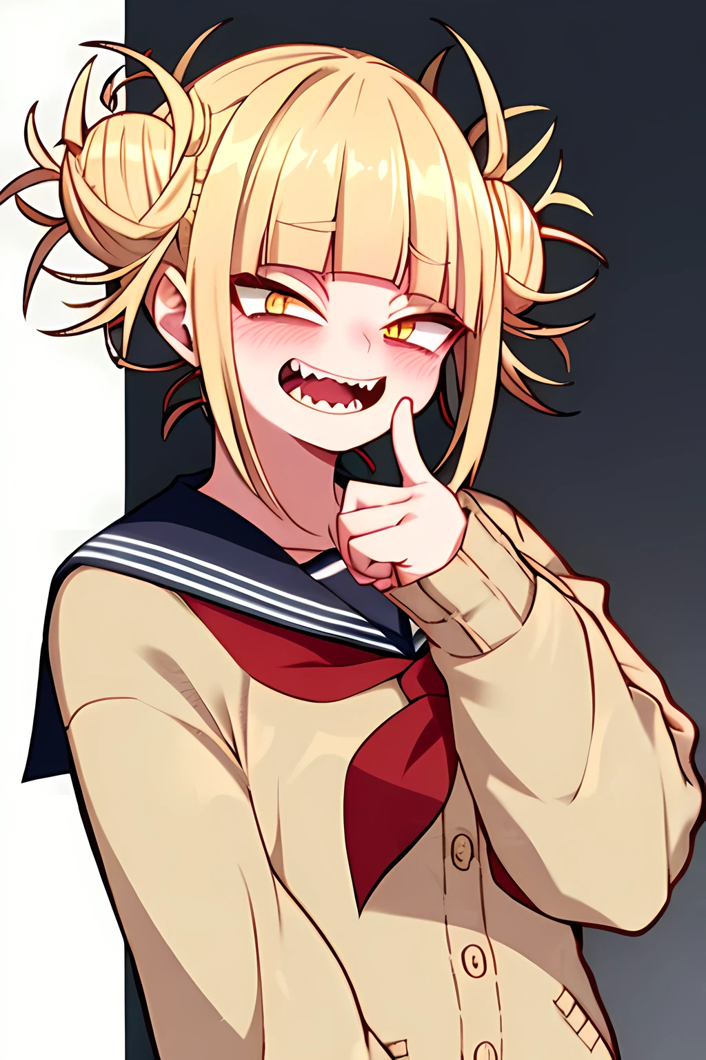 horikoshi kouhei, Toga himiko, boku no hero academia, 1 chica, bolsas debajo de los ojos, golpes, pelo rubio, blue cuello marinero, blunt golpes, rubor, cardigan, Doble bien, topknot, Mano arriba, feliz, long sleeenes, looking at the eniewer, pelo despeinado, escote, red escote, cuello marinero, sanpaku, , serafuku, cabello corto, Cerraduras, Pupilas cortadas, triste, dientes afilados, suelo, parte superior del cuerpo, en, cardigan amarillo, ojos amarillos, ((obra maestra))