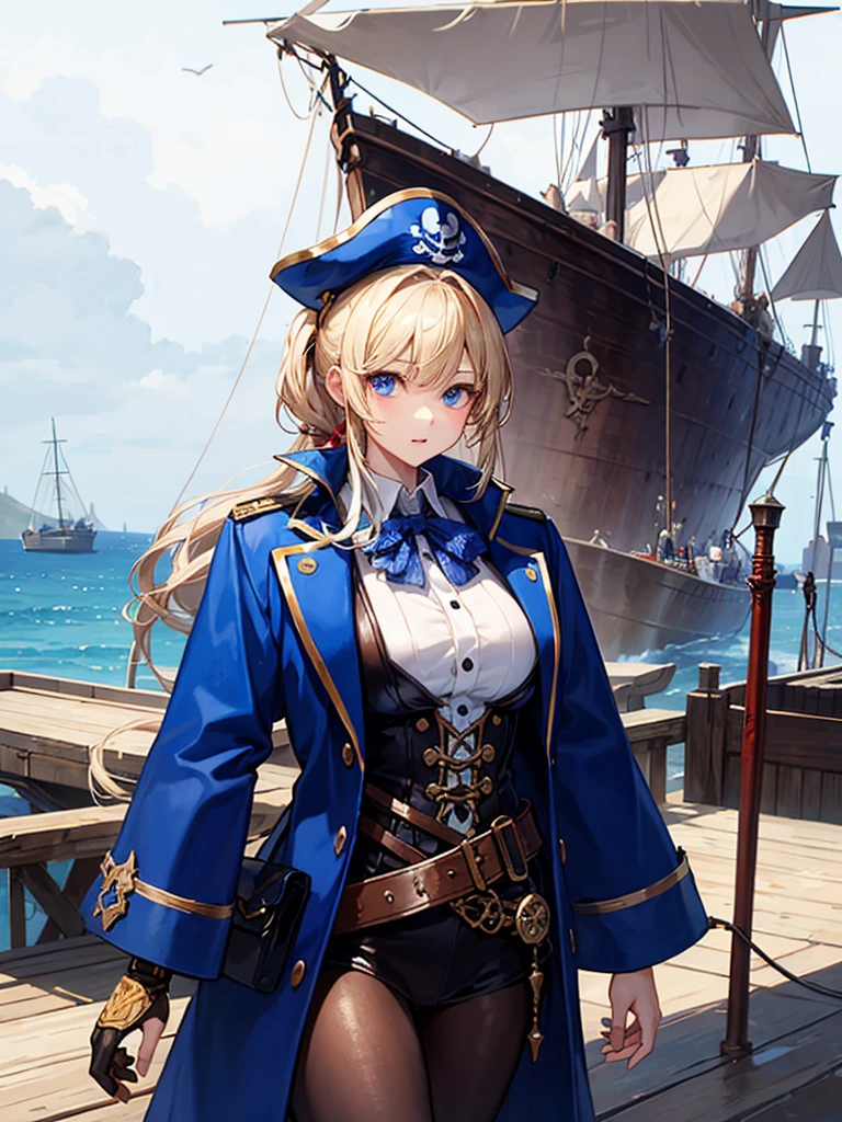 (((masterpiece、Highest image quality、highest quality、highly detailed unity 8kwallpaper)))、((Illustration of one girl、upper body))、(((beautiful girl)))、(fantasy、female pirate)、(blonde、short ponytail:1.2、light blue eyes)、(((Right hand is a prosthetic hand、steampunk prosthetic arm)))、((tall))、bulky figure, massive frame, thick neck, sturdy arms, powerful legs、(captain's suit、Pirate hat、Blue coat)、standing on the pier、pirate ship、Wooden sailing ship