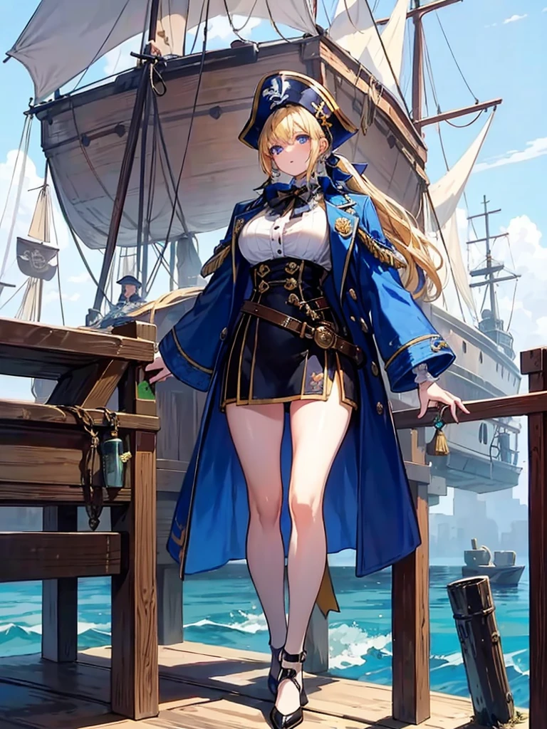 （（（masterpiece、Highest image quality、highest quality、highly detailed unity 8ｋwallpaper）））、（（Illustration of one girl、upper body））、（（（beautiful girl）））、（fantasy、female pirate）、（blonde、short ponytail：1.2、light blue eyes）、（（（Right hand is a prosthetic hand、steampunk prosthetic arm）））、（（tall））、bulky figure, massive frame, thick neck, sturdy arms, powerful legs、（captain&#39;s suit、Pirate hat、Blue coat）、standing on the pier、pirate ship、Wooden sailing ship