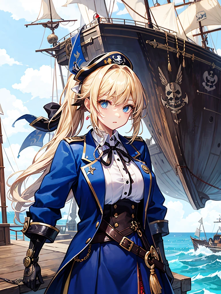 (((masterpiece、Highest image quality、highest quality、highly detailed unity 8kwallpaper)))、((Illustration of one girl、upper body))、(((beautiful girl)))、(fantasy、female pirate)、(blonde、short ponytail:1.2、light blue eyes)、(((Right hand is a prosthetic hand、steampunk prosthetic arm)))、((tall))、bulky figure, massive frame, thick neck, sturdy arms, powerful legs、(captain's suit、Pirate hat、Blue coat)、standing on the pier、pirate ship、Wooden sailing ship