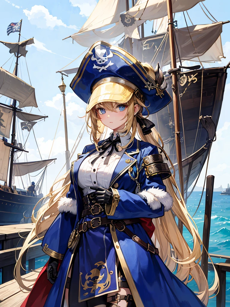 (((masterpiece、Highest image quality、highest quality、highly detailed unity 8kwallpaper)))、((Illustration of one girl、upper body))、(((beautiful girl)))、(fantasy、female pirate)、(blonde、short ponytail:1.2、light blue eyes)、(((Right hand is a prosthetic hand、steampunk prosthetic arm)))、((tall))、bulky figure, massive frame, thick neck, sturdy arms, powerful legs、(captain's suit、Pirate hat、Blue coat)、standing on the pier、pirate ship、Wooden sailing ship