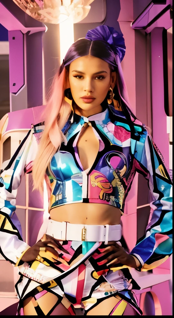 Woman in a colorful outfit posing for a picture, official versace editorial, futuristic clothing, futuristic fashion clothing, patterned clothing, colorful rich fantasy clothing, modern maximalist suit, futuristic clothes, bright trouser suit for a rave, inspiration, futuristic fashion, wearing futuristic pink oversized casaca carnaval shirt. Kodak portra 400 photoshoot. Hyper realistic face.