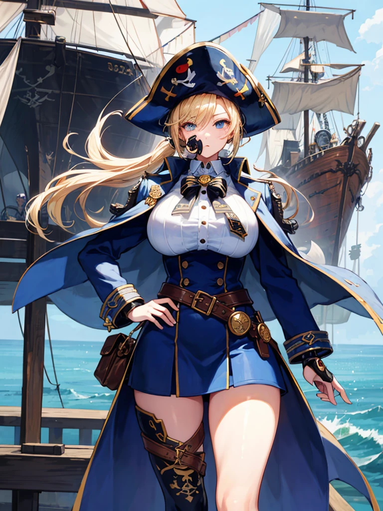 （（（masterpiece、Highest image quality、highest quality、highly detailed unity 8ｋwallpaper）））、（（Illustration of one girl、upper body））、（（（beautiful girl）））、（fantasy、female pirate）、（blonde、short ponytail：1.2、light blue eyes）、（（（Right hand is a prosthetic hand、steampunk prosthetic arm）））、（（tall））、bulky figure, massive frame, thick neck, sturdy arms, powerful legs、（captain&#39;s suit、Pirate hat、Blue coat）、standing on the pier、pirate ship、Wooden sailing ship