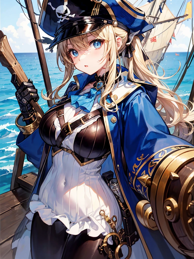 (((masterpiece、Highest image quality、highest quality、highly detailed unity 8kwallpaper)))、((Illustration of one girl、upper body))、(((beautiful girl)))、(fantasy、female pirate)、(blonde、short ponytail:1.2、light blue eyes)、(((Right hand is a prosthetic hand、steampunk prosthetic arm)))、((tall))、bulky figure, massive frame, thick neck, sturdy arms, powerful legs、(captain's suit、Pirate hat、Blue coat)、standing on the pier、pirate ship、Wooden sailing ship