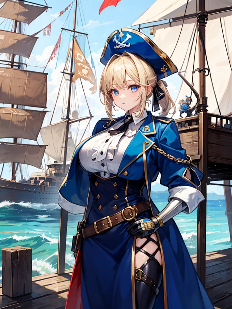 (((masterpiece、Highest image quality、highest quality、highly detailed unity 8kwallpaper)))、((Illustration of one girl、upper body))、(((beautiful girl)))、(fantasy、female pirate)、(blonde、short ponytail:1.2、light blue eyes)、(((Right hand is a prosthetic hand、steampunk prosthetic arm)))、((tall))、bulky figure, massive frame, thick neck, sturdy arms, powerful legs、(captain's suit、Pirate hat、Blue coat)、standing on the pier、pirate ship、Wooden sailing ship