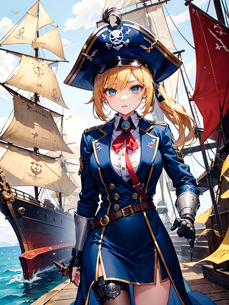 (((masterpiece、Highest image quality、highest quality、highly detailed unity 8kwallpaper)))、((Illustration of one girl、upper body))、(((beautiful girl)))、(fantasy、female pirate)、(blonde、short ponytail:1.2、light blue eyes)、(((Right hand is a prosthetic hand、steampunk prosthetic arm)))、((tall))、bulky figure, massive frame, thick neck, sturdy arms, powerful legs、(captain's suit、Pirate hat、Blue coat)、standing on the pier、pirate ship、Wooden sailing ship