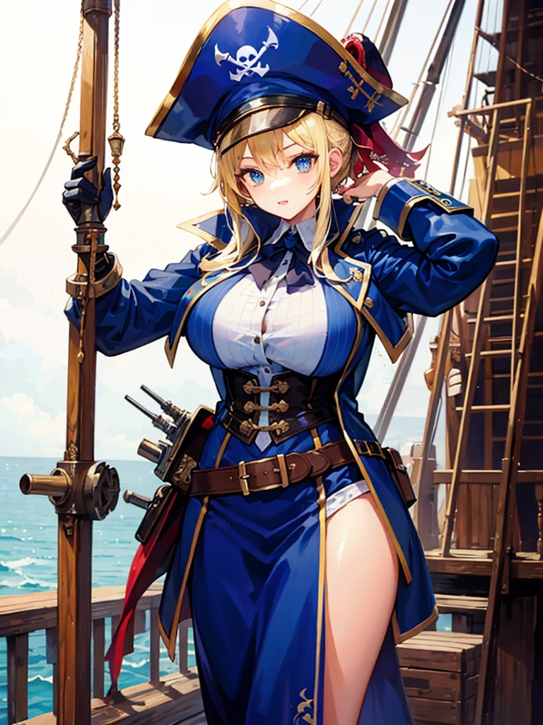 （（（masterpiece、Highest image quality、highest quality、highly detailed unity 8ｋwallpaper）））、（（Illustration of one girl、upper body））、（（（beautiful girl）））、（fantasy、female pirate）、（blonde、short ponytail：1.2、light blue eyes）、（（（Right hand is a prosthetic hand、steampunk prosthetic arm）））、（（tall））、bulky figure, massive frame, thick neck, sturdy arms, powerful legs、（captain&#39;s suit、Pirate hat、Blue coat）、standing on the pier、pirate ship、Wooden sailing ship