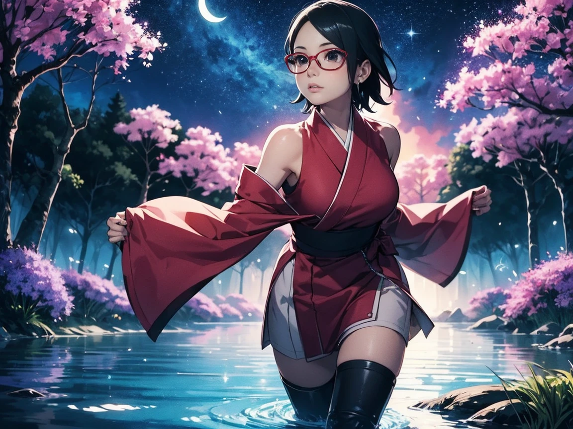 Illustration in the style of comic artist Jim Lee. Illustration of Sarada Uchiha is wearing thigh-high boots heels and a red yukata, glasses, black eyes. Short hair. delicate eyes. With the dramatic lighting. Detailed image. Artistic dedication. She is Parading over the water of a lake in a burning jacaranda forest with a starry sky and a crescent moon. reflection. purple flames. pink lipstick. peacock, Milky Way. fireflies. fluttering. athletic.