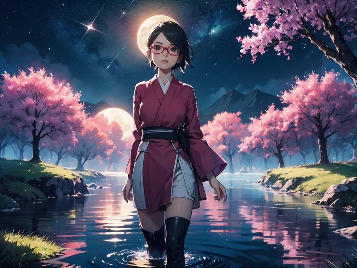 Illustration in the style of comic artist Jim Lee. Illustration of Sarada Uchiha is wearing thigh-high boots heels and a red yukata, glasses, black eyes. Short hair. delicate eyes. With the dramatic lighting. Detailed image. Artistic dedication. She is Parading over the water of a lake in a burning jacaranda forest with a starry sky and a crescent moon. reflection. purple flames. pink lipstick. peacock, Milky Way. fireflies. fluttering. athletic.