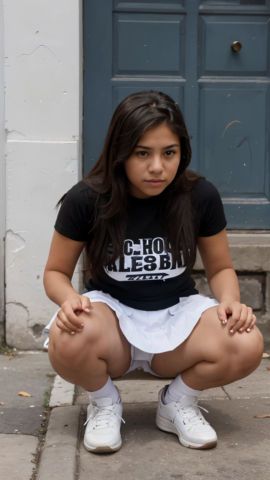 Latina teenager, squatting, in skirt 
