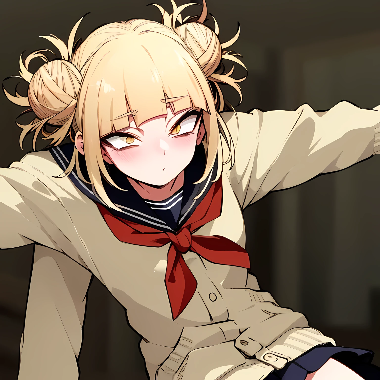 masterpiece, alta calidad, cara detallada, Himiko Toga, Ojos amarillos, triste, cuerpo completo, estilo anime