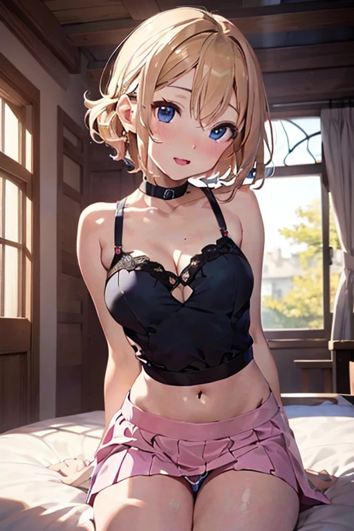 (pink short skirt), blonde hair, short curly hair, blue eyes, little clothing, exposed skin, bra, navel, ((cute innocent face, open mouth, allure)), [[playful]]], [[[bedroom]]], front-view, [[Leaning forwards]], head down, butt up, arched back, provocative position, cleavage, sexy, arousing, realistic, ((perfect symmetrical body)), (slim hip), soft light, dawn light)), bloom, 1girl, super model body, very slim body, thin, super model body, ultra-detailed CG, 8k, high detailed, realistic, solo, intricate details),