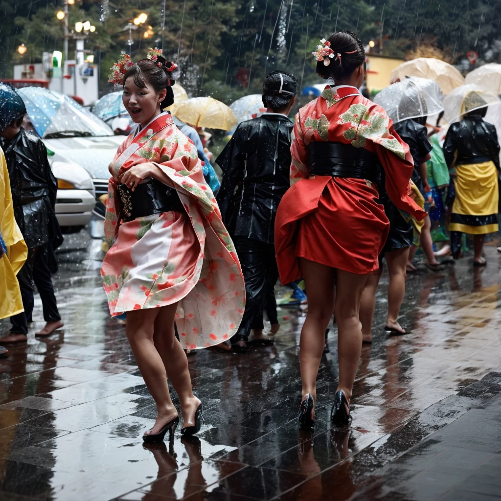 (YES SFW). (full body shot), ultra high detail, [harsh flash], a 60 years old woman, curvy, running in the rain, outside drugstore, hollowed face, cheekbones, pretty, eyeshadow, redhead, normal breasts, WindyUpskirt, ((imperfect skin)), [wrinkles], ((perfect face)), black thigh-highs, natural breasts, (nhjy, a woman in a kimono dress with a tree), open mouth, dull and sad eyes, saliva trails, (ultra detailed skin texture, ultra detailed hair, ultra detailed lips, ultra detailed teeth, ultra detailed fingers, ultra detailed nose, real skin pores, moles on skin). It's pouring rain. (rain drops on face). High details, Backlit. Diffuse lights. Viewed from afar. (It's raining:1.5)
