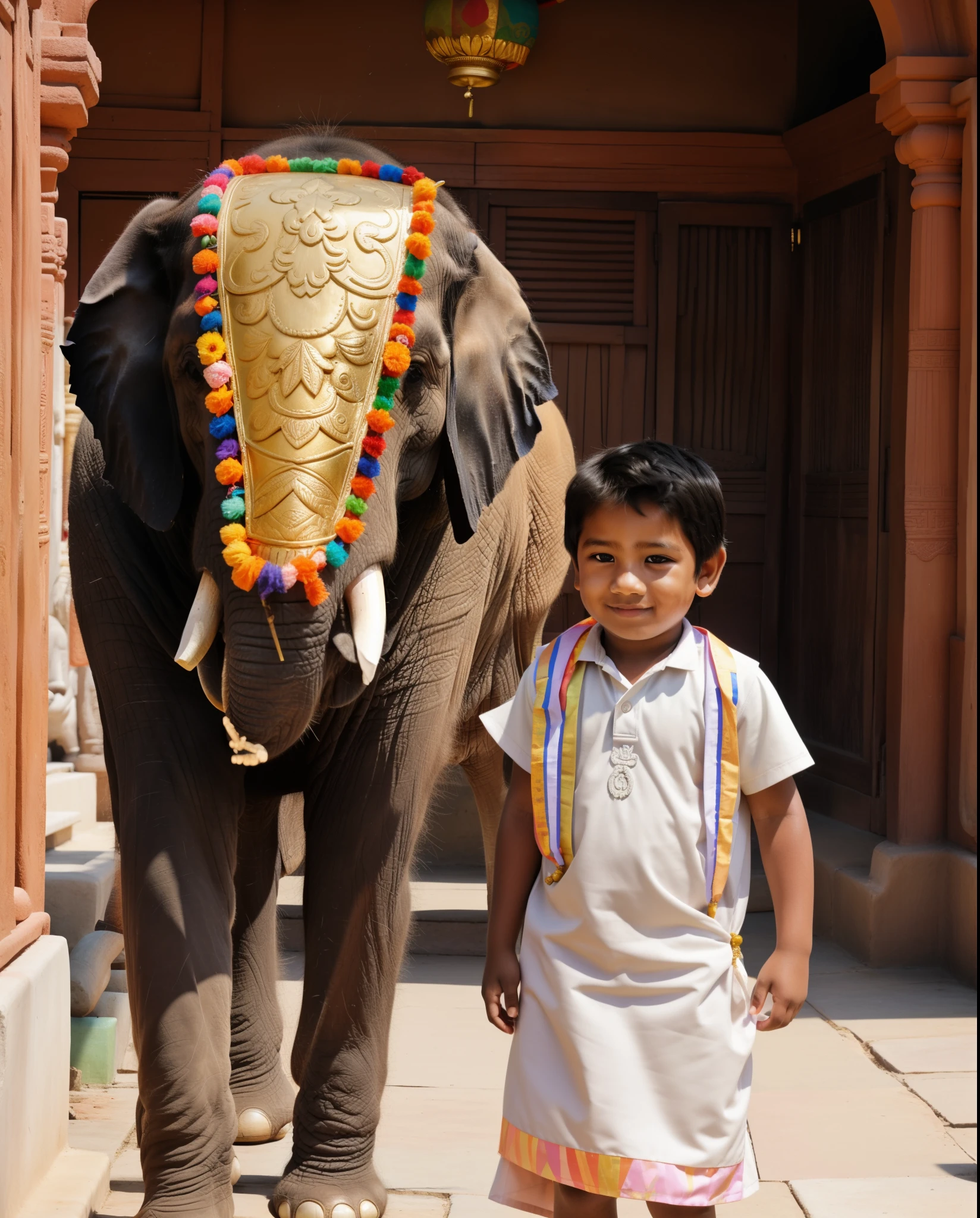 there is a young boy standing next to an elephant with a colorful head piece, with a kid, wearing traditional garb, in front of a temple, a still of a happy, the horse and his boy, shot on sony a 7, standing in a hindu kovil, in front of the temple, photo taken with nikon d750