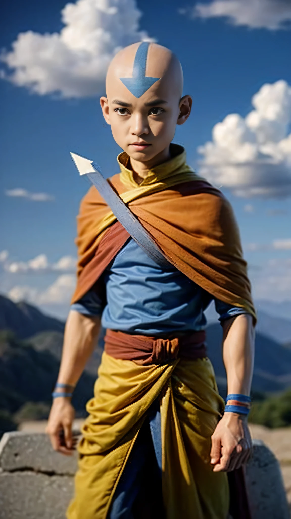 AangAv, solo, 1 boy, Tibetan, light skin, gray eyes, bald, blue arrow, orange and yellow robes,