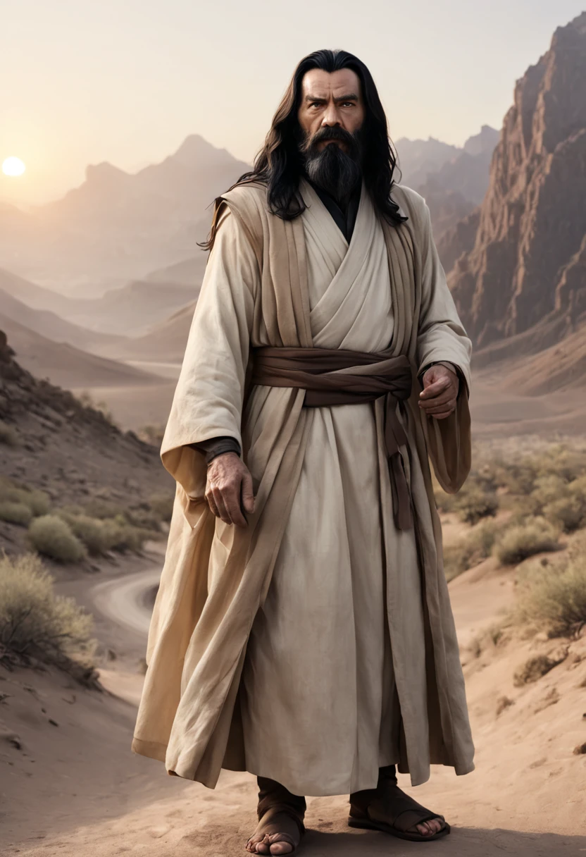 a tall old man human jedi, with black beard, long black hair, wearing long beige robes, stand on a path surrounded by mountains, in a desert, at a sunset