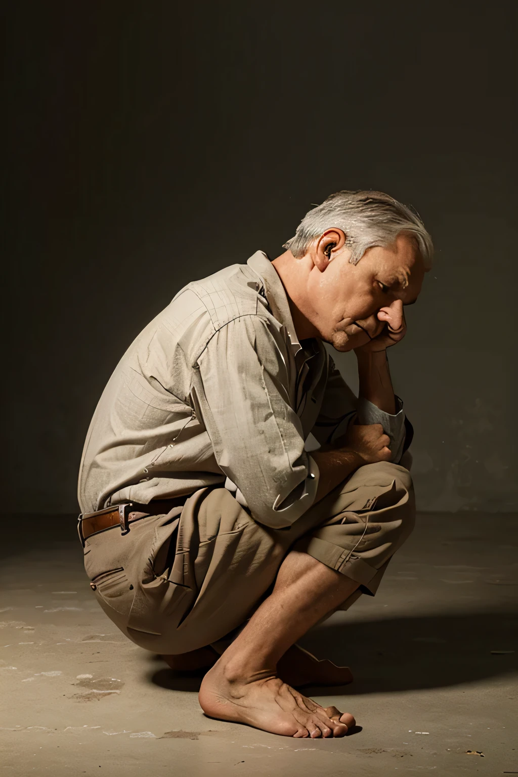 sad old boy, hunched pose full body, side shot
